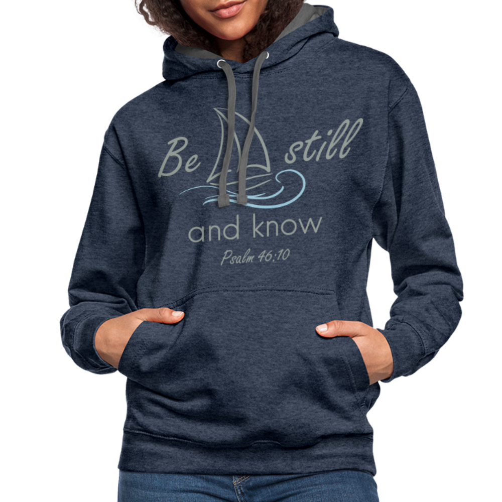 Be Still and Know Bible Verse Contrast Hoodie - indigo heather/asphalt