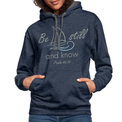 Be Still and Know Bible Verse Contrast Hoodie - indigo heather/asphalt